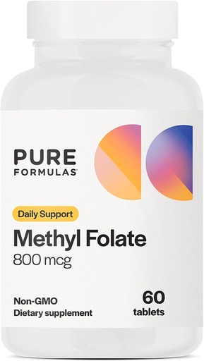 [BRSROATRDIHRS33X] PureFormulas Methylfolate 800 mcg - Активний B9 (5-MTHF) для серцево-судинної, нервової та м'язової охорони, не-GMO Вегетаріанські таблетки, 60 граф