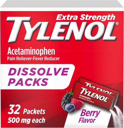 [BRSWY2Q7DEMAIDLK] Tylenol Extra Strength Dissolve Powder Packs, 500 mg Acetaminophen Pain Reliever & Fever Reducer Medicine, Fast Relief for Minor Aches & Pains, Ibuprofen- & Aspirin-Free, On-the-Go Berry Flavor, 32 Ct