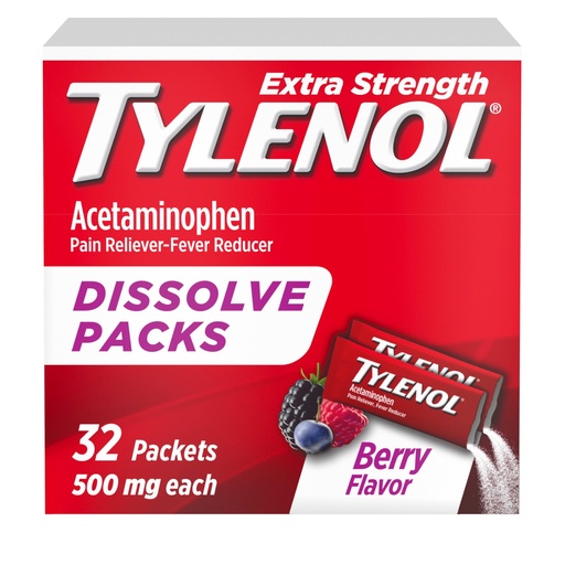 [BRSWY2Q7DEMAIDLK] Tylenol Extra Strength Dissolve Powder Packs, 500 mg Acetaminophen Pain Reliever & Fever Reducer Medicine, Fast Relief for Minor Aches & Pains, Ibuprofen- & Aspirin-Free, On-the-Go Berry Flavor, 32 Ct