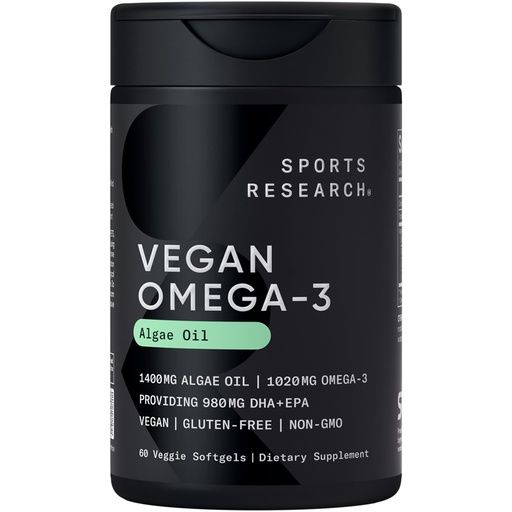 [BRSWYZT3A4BR4ADO] Sports Research Vegan Omega-3 Fish Oil Alternative from Algae Oil - Highest Levels of Vegan DHA & EPA Fatty Acids | Non-GMO Tested & Vegan Certified - 60 Veggie Softgels (Carrageenan Free)