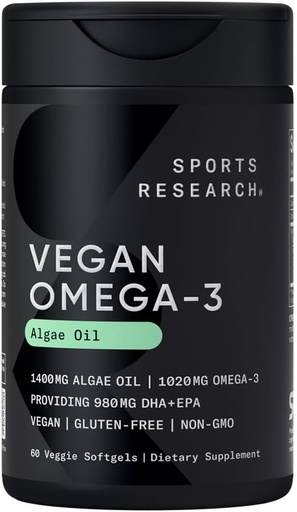 [BRSWYZT3A4BR4ADO] Sports Research Vegan Omega-3 Fish Oil Alternative from Algae Oil - Highest Levels of Vegan DHA & EPA Fatty Acids | Non-GMO Tested - 60 Veggie Softgels (Carrageenan Free)