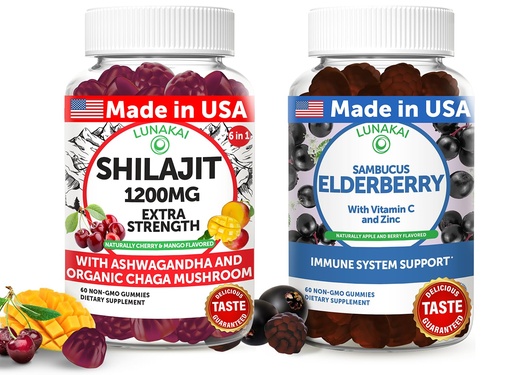[BRSRABQCBUFRGHQ4] Lunakai USA Made Shilajit & Elderberry Gummies Bundle – Energy and Immune Support – Non-GMO & Delicious