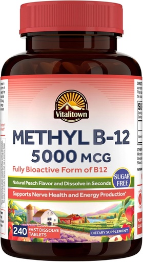 [BRSRAAT2DJ6QO3TZ] Vitalitown Vitamin B12 (Methyl B12) 5000 mcg, Fully Bioactive Form, Support Energy Production, Natural Peach Flavor, Zero Sugar, 240 Fast Dissolve Tablets