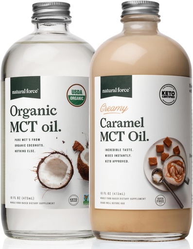 [BRSWYHQROUIBEDL3] Natural Force Creamy Caramel MCT Oil + Organic Full Spectrum MCT Oil – Gluten-Free, Non GMO, 100% Pure Coconut MCTs from Organic Coconuts – Keto, Paleo, and Vegan – 2x 16 Ounce Glass Bottles