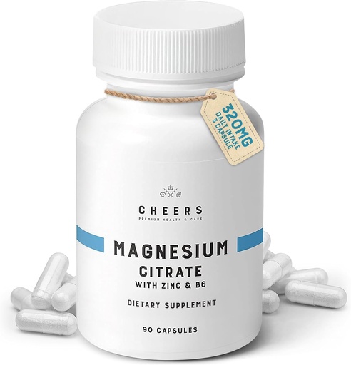 [BRSWG2TQCQFBUAD4] Cheers Magnesium Citrate 320mg | Supports Muscle & Nerve Health, Immune Boost & Stress Relief | Magnesium Supplements with Vitamin B6 & Zinc | Non-GMO, Vegan, No Artificial Ingredients | 90 Capsules