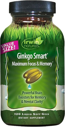 [BRSWYZAYDEMRQ2D3] Irwin Naturals Ginkgo Smart Powerful Nootropic Brain Booster - Admite la memoria máxima, Focus " Mental Clarity with DMAE, Clubmoss, Choline " Acetyl L-Carnitine - 120 Liquid Softgels