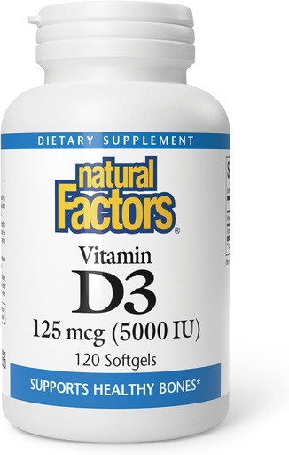 [BRSWIYA6PMCQO232] Factores naturales - Vitamina D3 5000 UI, soporta huesos saludables, 120 geles blandos