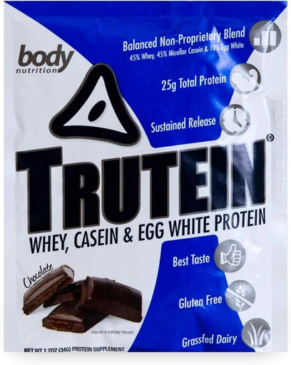 [BRSWKZT7CIIAKADU] Body Nutrition Trutein High Protein Powder: 45% Whey, 45% Casein, 10% Egg White, Gluten-Free, Low Sodium, Grass Fed Whey Protein Powder, Gym Supplement & Breakfast Shake, Chocolate, 34g Sample