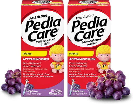[BRSROHQLBNYB4ADX] Infants Acetaminophen Oral Suspension Liquid, Fast-Acting Infant Pain Reliever/Fever Reducer with Easy-to-Use Syringe, Zero Alcohol or Aspirin or Ibuprofen, Grape Flavor, 1 fl oz (2 Pack)