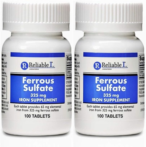 [BRSWECQCOR4AIF3X] Ferrous Sulfate 325 mg rauta Supplement (2-pakkaus) ... rautapillerit... 100 rautatablettia per pullo, 2-pakkaus