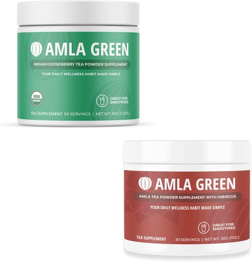 [BRSRAZIYAQFAGCDA] Amla Powder & Green Tea Superfood Supplement, Antioxidant Support, Made with Indian Gooseberries (90 servings) & Hibiscus (30 servings), Organic, Vegan