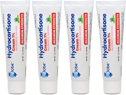 [BRSWGC3QPJ5Q2DTB] Globe (4 Pack) Hydrocortisone Maximum Strength Anti-Itch Cream 1% w/Aloe, Intensive Formula for Redness, Rash, Bug & Mosquito Bites, Eczema, Hemorrhoids, Sensitive Skin, Instant Itch Relief,1 oz Tube