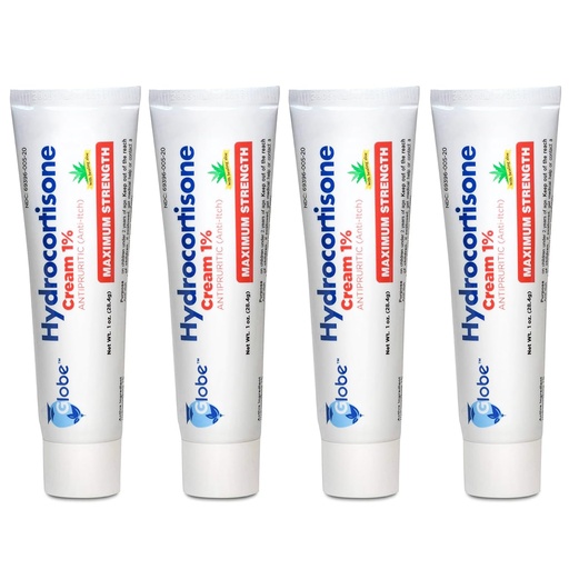 [BRSWGC3QPJ5Q2DTB] Globe (4 Pack) Hydrocortisone Maximum Strength Anti-Itch Cream 1% w/Aloe, Intensive Formula for Redness, Rash, Bug & Mosquito Bites, Eczema, Hemorrhoids, Sensitive Skin, Instant Itch Relief,1 oz Tube