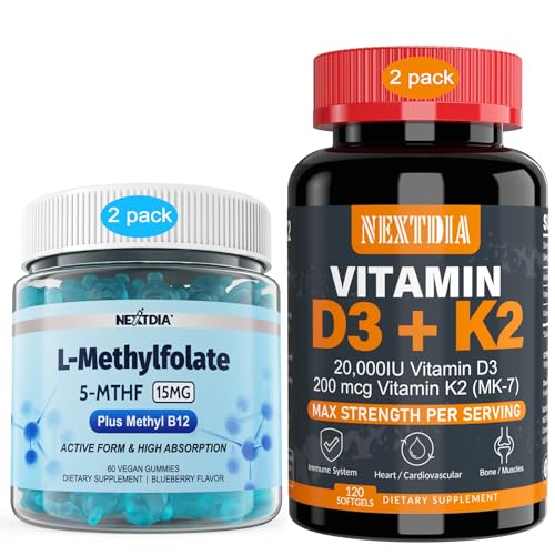 [BRSRAHYHOR7BO23V] Nextdia Vitamin D3 20,000 IU + K2(MK7) 200mcg, L-MethylFolate 15mg & Methyl B12 Gummies