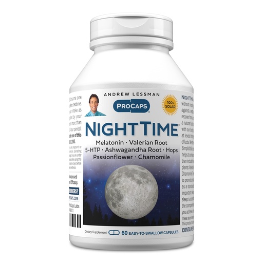 [BRSWI2QGBZ4A4E34] ANDREW LESSMAN Night Time 60 Capsules - 3mg Melatonin, Valerian, Ashwagandha, Passionflower, Hops, Chamomile. No Morning Grogginess. Natural Support, Gentle Restful Sleep. Easy to Swallow Capsules