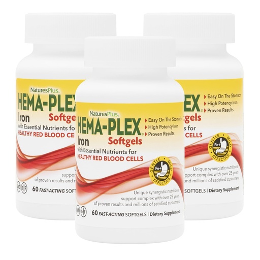 [BRSWECQRA4IWCFAV] NaturesPlus Hema-Plex Iron - 60 Fast-Acting Softgels - 3 Pack - 85 mg Iron + Vitamin C & Bioflavonoids for Healthy Red Blood Cells - Gluten Free - 60 Total Servings
