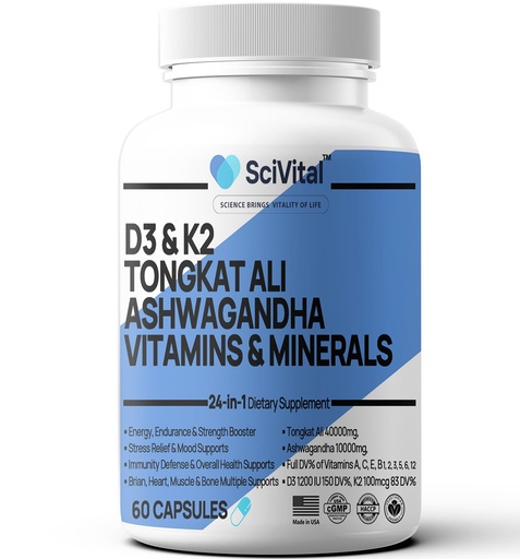 [BRSROZY3CQJQOC3O] Ashwagandha Extract 200mg 20:1 Tongkat Ali Extract 200mg 50:1 Supplement with Multivitamin D3 K2 - Men's Health & Stress, Mood, Energy, Endurance Support - Made in USA - 60 Count