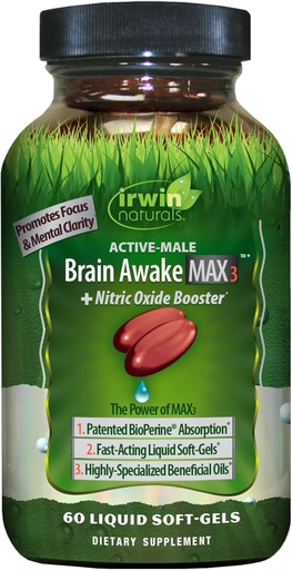 [BRSWYGI6CMMQYE3V] Irwin Naturals Brain Awake Max3 + Nitric Oxide Booster 60 Liquid Softgel