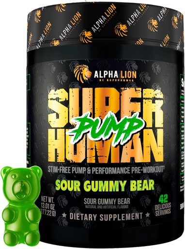 [BRSRMHAZOACRUGTX] ALPHA LION Superhuman Pump Pre Workout Powder, Nootropic Caffeine & Stim Free Preworkout Supplement, Nitric Oxide Booster, Muscle Gainer, Energy & Focus (42 portioner, Sour Gummy Bear)