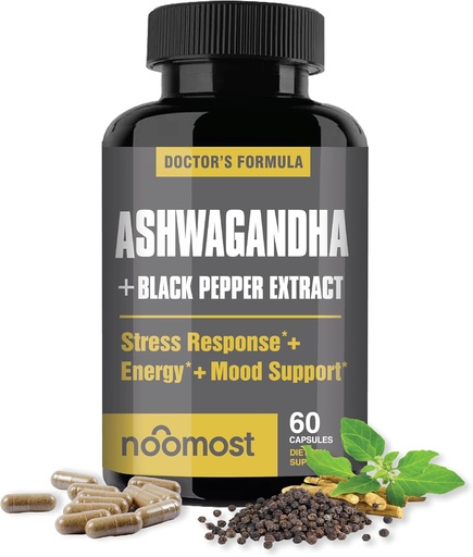 [BRSWGBIZOUBBOYLO] NooMost Organic Ashwagandha 400mg Capsules w/Black Pepper Extract as Vegan Ashwagandha Supplements for Anti Stress Relief, Natural Mood Support, Energy & Focus-60 Capsules