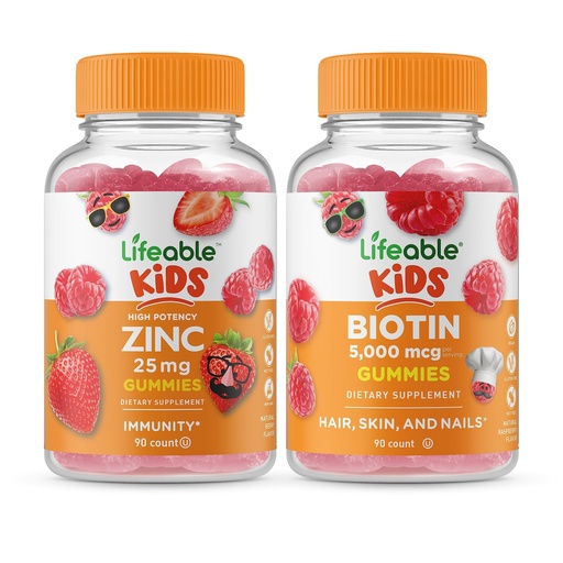 [BRSROZI2OV6AIAI3] Lifeable Zinc 25mg Kids + Biotin Kids, Gummies Bundle - Great Tasting, Vitamin Supplement, Gluten Free, GMO Free, Chewable Gummy