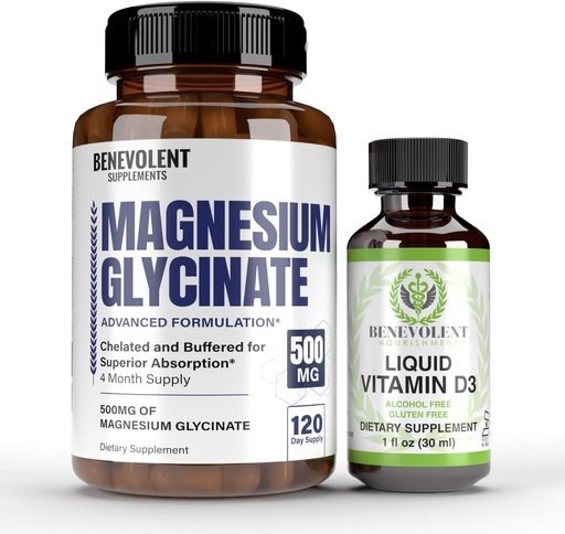 [BRSROCQCAUDQKEY3] Premium Magnesium Glycinate 500mg Capsules & Liquid Vitamin D3 5000 IU Bundle- (8 meses de suministro + alta absorción Fórmula) Chelated Buffered Glycinate &amp; Immune Support