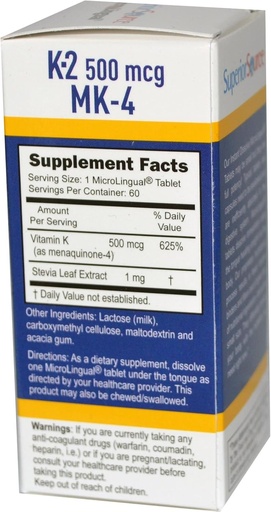 [BRSWIZYKA55AYCQ3] Source supérieure Vitamine K-2 500 mcg (MK-4) 60 Comprimé sublingual