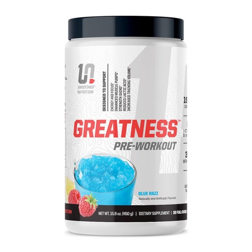 [BRSRAEA7BF7BSCTP] Undefined Nutrition Greatness Pre-Workout by Brian Shaw (30 Servings) – 6 g Citrulline Malate & 3.2 g Beta Alanine for Better Pumps, Energy, Focus and Strength for Men & Women (15.9 Oz, Blue Razz)