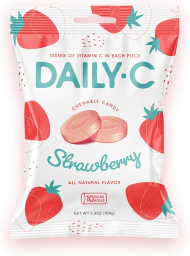[BRSROFDYOUCWA2AU] Daily-C Chewable Vitamin C Strawberry Chewable Candy | 100MG of Vitamin C in Each Piece | Brought to You by Iconic Candy (Strawberry, 5.3oz Peg Bag)