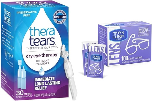 [BRSRAYYYCJ6R4GT3] TheraTears Dry Eye Therapy Lubricant Eye Drops, Preservative Free, 30 Vials & Nice 'N Clean SmudgeGuard Lens Cleaning Wipes, 100 Wipes