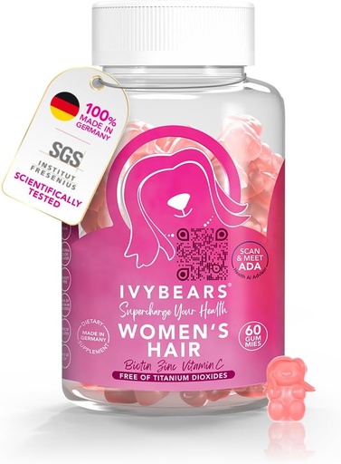 [BRSRAGALC4OQO3Q4] IvyBears Women's Hair Vitamin Gummies med Complex Biotin, Collagen, Folsyra, Vitamin B7 och Keratin för hår, hud och naglar - Vegan Hair Growth & 100% Vitamin Boost - 60 Count, 1 månad Supply