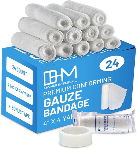[BRSWKGQAOEDQO33Y] D&H Medical Pack of 24 Gauze Bandage Roll 4 Inches x 4 Yards - Medical Gauze Wrap for Wounds Care - Easy to Use Cotton Gauze Rolls for Hand Wrap Dressing Ankles & Knees
