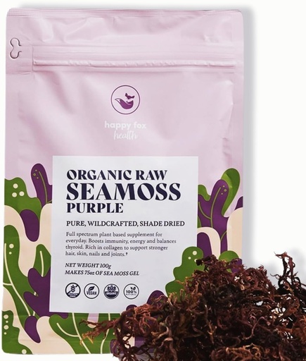 [BRSWYBIBOQPAMYLH] HAPPY FOX Organic Sea Moss Raw Purple - Makes 75oz of Seamoss Gel Rich in Phytonutrients & Minerals, Certified Non-GMO, Wildcrafted, Superfood - 100 gram Bag