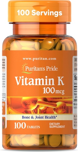 [BRSWIZQ3OV7GE3L4] Puritan's Pride Premium Vitamin K 100mcg, Dietary supplement for Bone, Joint, and blood Clotting Health Support, 100 Day Supply, 100 Tablets