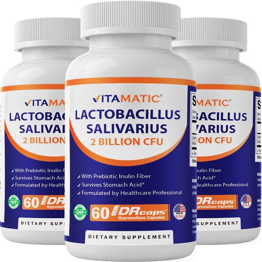 [BRSROCAHOYCA42DJ] Vitamatic Lactobacillus Salivarius 2 Billion per DR Capsule - 60 Count - Digestive Support - Made with Prebiotic Inulin Fiber (3 Bottles)