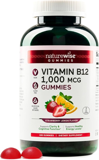 [BRSROHD3A4MWKD33] NatureWise Vitamin B12 Gummies for Adults, 1000 mcg - Strawberry Lemon Flavor - Supports Daily Energy, Mental Clarity, Cognitive Function - Vegan, Gluten-Free, Non-GMO - 180 Count[3-Month Supply]