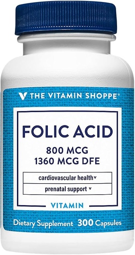 [BRSWIYTYOEDRMFTU] El ácido fólico de la vitamina Shoppe 800MCG, apoya el desarrollo prenatal y fetal (300 cápsulas)