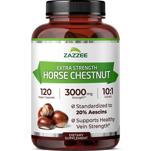 [BRSROBTRDMCRYET3] Zazzee Extra Strength Horse Chestnut 10:1 Extract, 20% Aescins, 120 Vegan Capsules, 4 Month Supply, Aesculus Hippocastanum, Healthy Circulation & Blood Flow Support, Non-GMO, Made in the USA