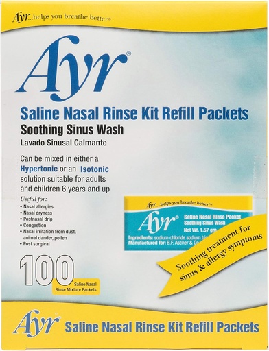 [BRSWIYYKCN6BAE3Y] Ayr Saline Nasal Rinse Kit Refill Packets, 100-Count Packets (Pack of 2)