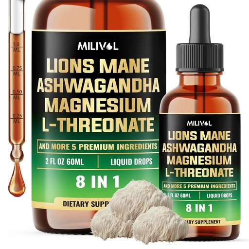 [BRSRAEI7CJ7RSETA] 8in1 Lions Mane Liquid Drops with Ashwagandha Root, Magnesium L-Threonate & 5 Herbs - Mood Balance, Brain Health, Immune - 60 Days Supply - 2Fl oz