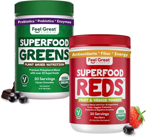 [BRSROBADOIFBODY7] Feel Great USDA Organic Reds & Super Greens Powder Combo (2-Pack) | Over 35+ Greens, Fruits & Veggies, Fiber, Probiotics & Digestive Enzymes | 30 Servings