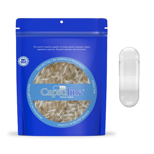 [BRSWIAQQCVYBQ2I5] Capsuline Size 00 - Clear Empty Gelatin Capsules - 5000 Count - Empty Gel Pill Capsules - DIY Pure Bovine Pill Capsule Filling - Empty Caps - Kosher, Gluten Free and Halal Certified Clear