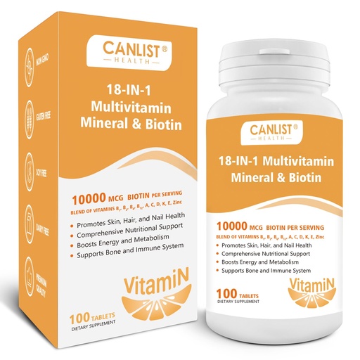 [BRSRAGLYCEAR63T4] CANLIST Hair Skin and Nails Multi-Vitamin for Men & Women, 10000mcg Biotin & Multimineral, Contains B-Vitamins, Vitamins C, E & D3, Trace Minerals, Zinc, Gluten-Free, Dairy-Free, Soy-Free, 100 Tablets
