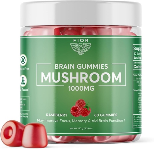 [BRSRMATYPNYRSH3Z] FIOR Mushroom Gummy Total 10 Mushroom Blend Supplement, 60 Count, 10 Mushroom Complex, Lions Mane, Chaga, Cordyceps, Reishi Extract, Mushroom Supplement Mushroom Gummies