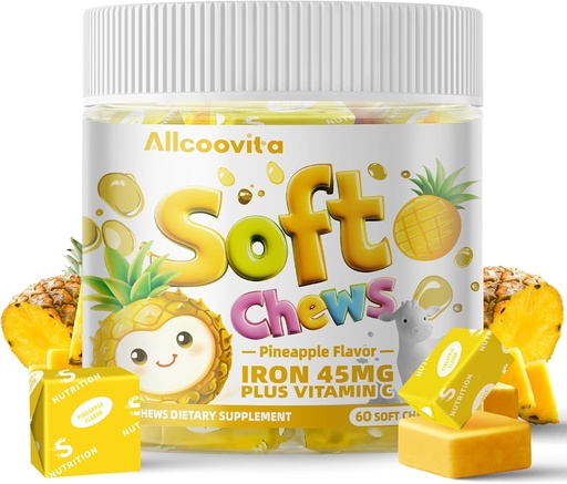 [BRSRAHYCPIGRYETF] Iron Soft Chews תוסף עם ויטמין C | Pineapple Flavored | Gluten Free | תוספת ברזל לנשים וילדים | 60 Count | 2 חודשים אספקה