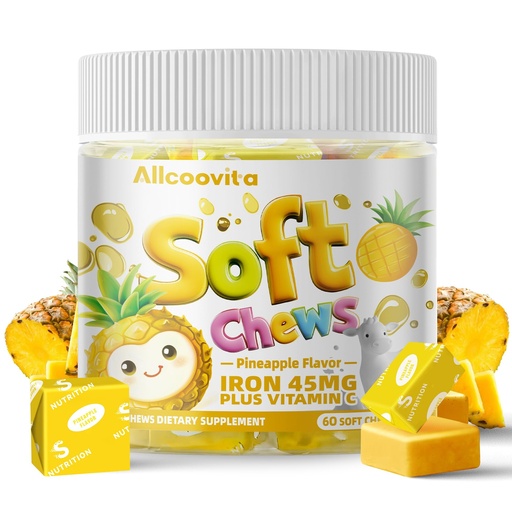 [BRSRAHYCPIGRYETF] Iron Soft Chews Supplement with Vitamin C | Pineapple Flavored | Gluten Free | Iron Supplement for Women Men and Kids | 60 Count | 2 Month Supply