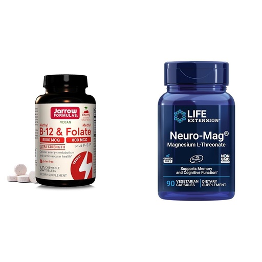 [BRSROBQEA4IBGG34] Jarrow Formulas Ultra Strength Methyl B-12 5000 mcg & Methyl Folate 800 mcg + P-5-P & Life Extension Neuro-mag Magnesium L-threonate, Magnesium L-threonate, Brain Health, Memory & Attention