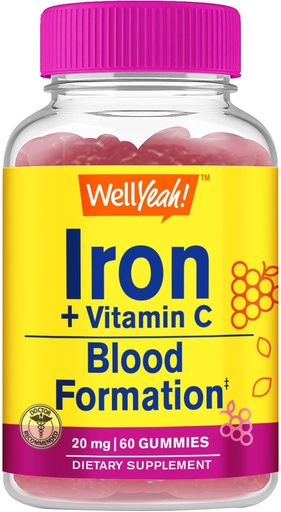 [BRSW2GIEAQIBQEIU] WellYeah Iron Gummies with Vitamin C -Anemia and Cellular Energy Support, Promotes Red Blood Cell Formation - Energy & Immune System Support -Natural Grape Flavor-60 Gummies