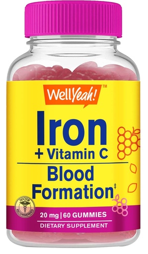[BRSW2GIEAQIBQEIU] WellYeah Iron Gummies with Vitamin C -Anemia and Cellular Energy Support, Promotes Red Blood Cell Formation - Energy & Immune System Support -Natural Grape Flavor-60 Gummies