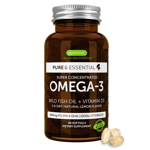 [BRSWKFACB54GGCT2] Igennus Advanced rTG Omega-3 IFOS Certified Wild Fish Oil & Vitamin D3, 1-a-Day, Fatty Acids EPA & DHA, Fast-Acting Triglyceride Form, Ultra Pure & Non-GMO, 60 Softgels